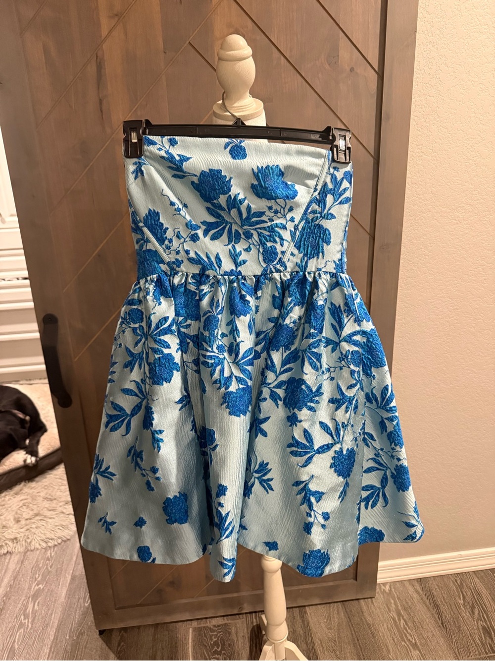 Monique Lhuillier Strapless Light Blue Dress with Royal Blue Floral Jacquard